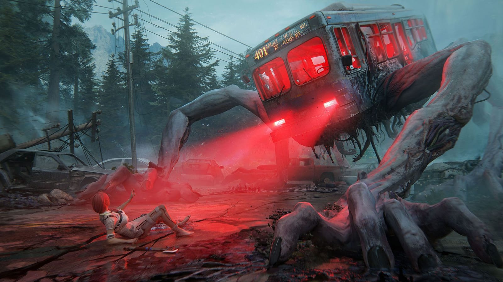 Official Once Human key visual — survivors and a colossal mutated creature over a post-apocalyptic vista.