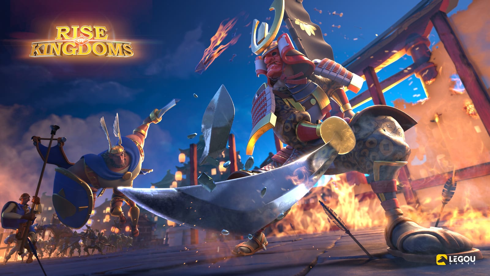 Rise of Kingdoms key art — commanders from different historical civilizations massed for battle.