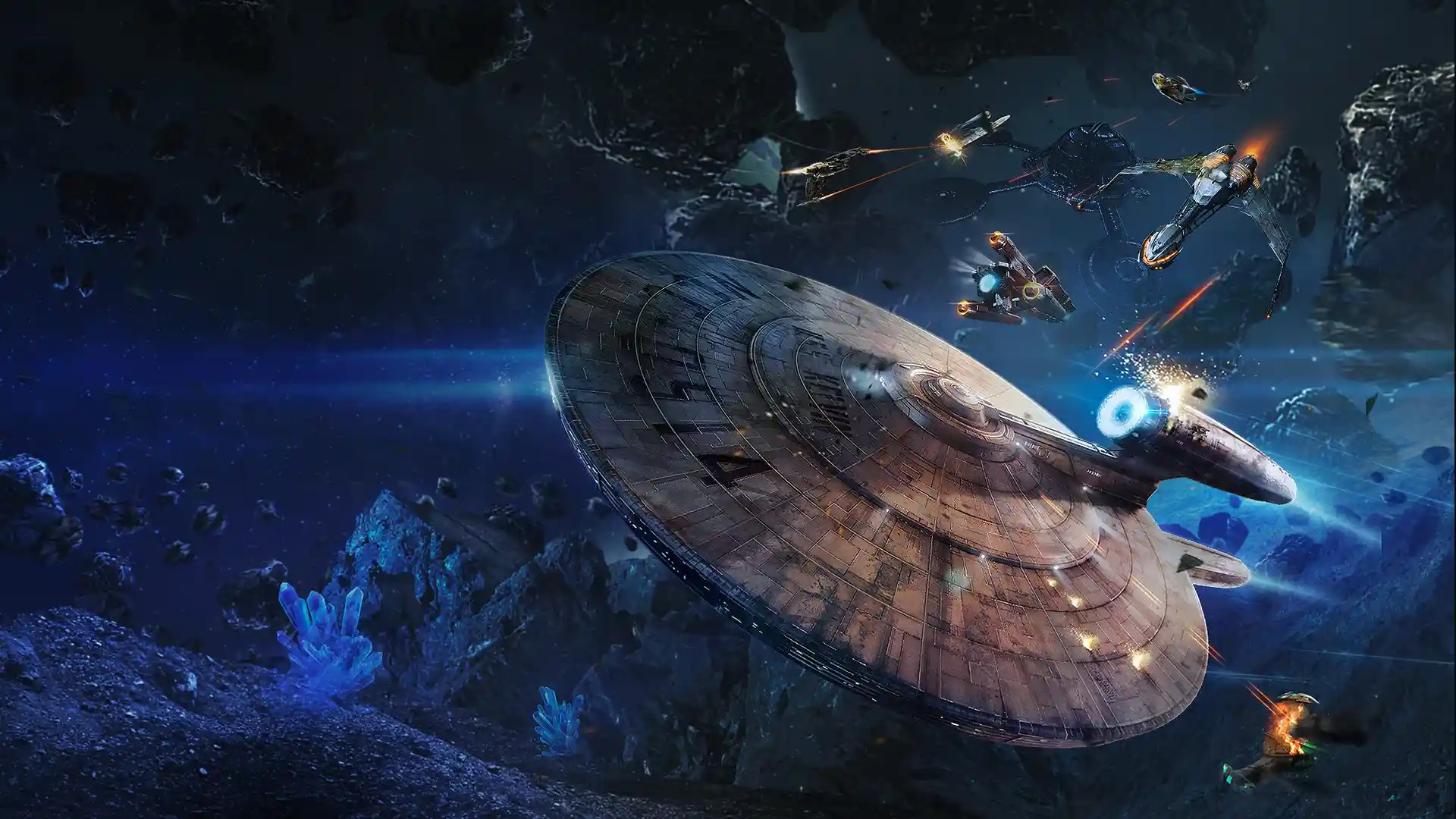 Promotional space scene from Star Trek Fleet Command showing starships near a station against a nebula backdrop.