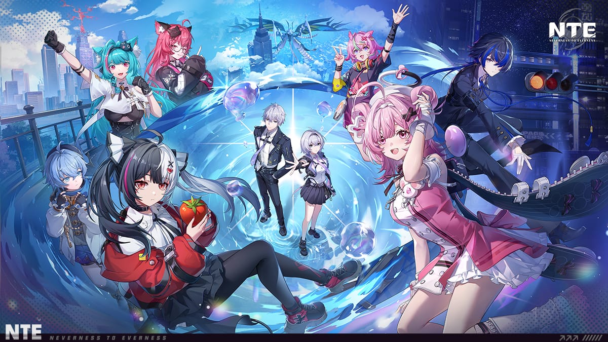 Official key art for NTE: Neverness to Everness with the game logo over a neon urban-fantasy skyline.
