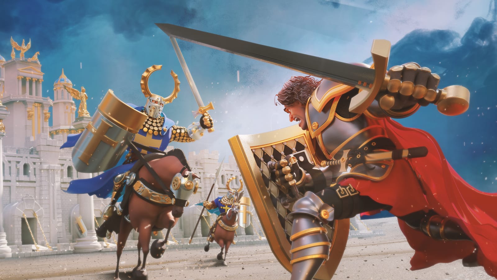 Rise of Kingdoms — wallpaper art of clashing armies beneath a dramatic sky.