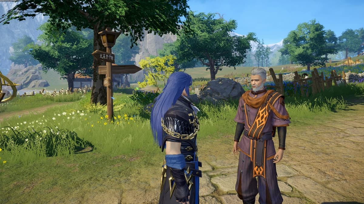 Two characters talking on a sunny village path next to a signpost