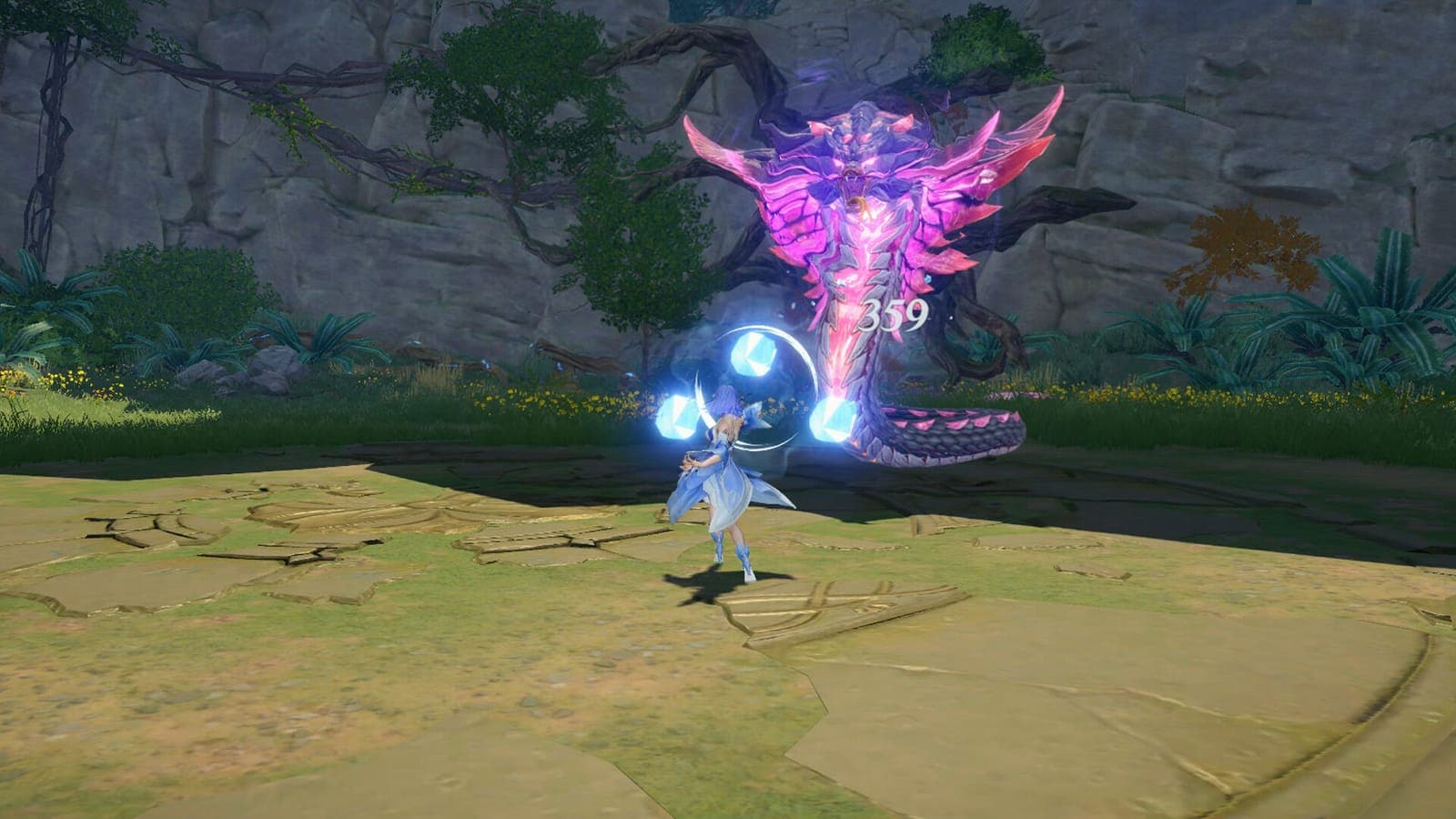 A Spirimaster casting a glowing skill against a giant winged Spirimon in Soul Land: Awakening World.