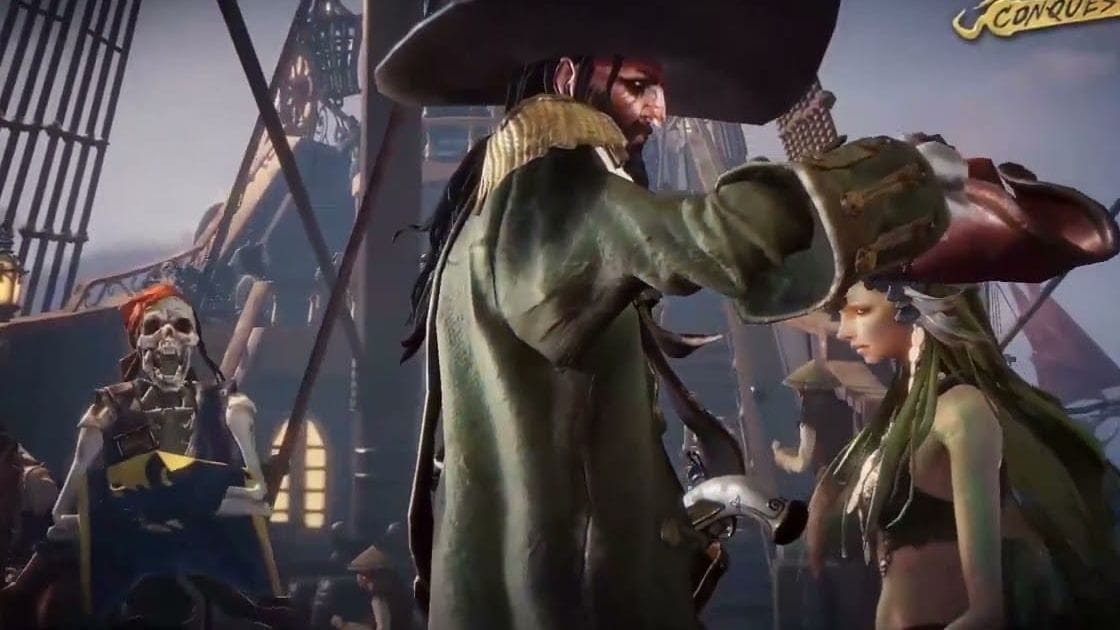 A pirate captain in a feathered hat with his crew below deck in Sea of Conquest.