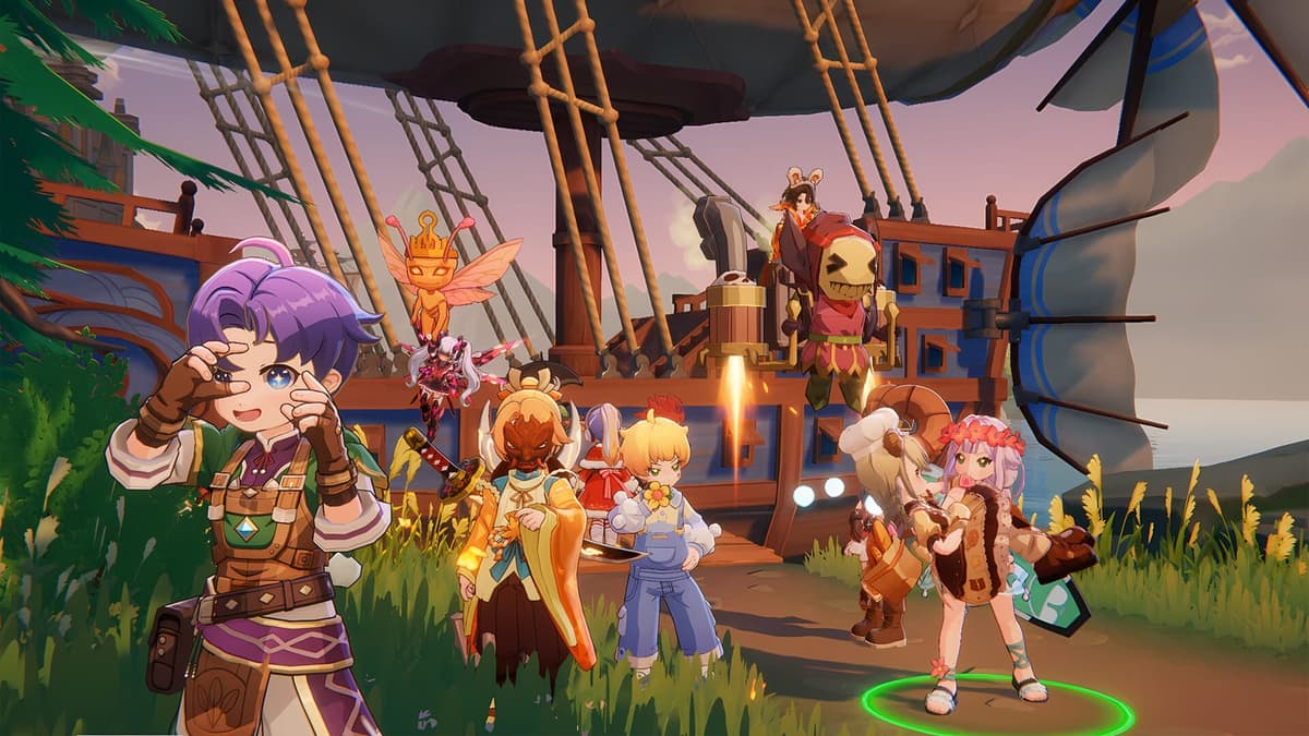 A party of chibi adventurers posing in front of an airship