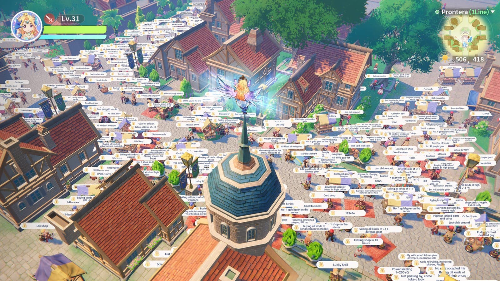 A busy Ragnarok town square seen from above, full of players and chat bubbles.