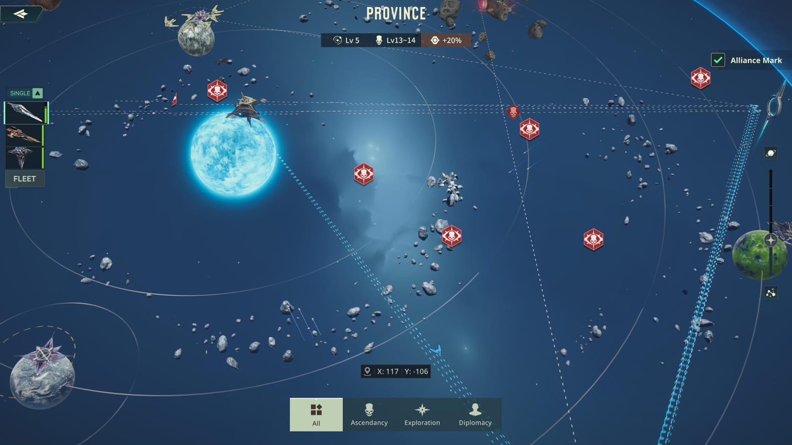 A galaxy map with planets, trade routes and an alliance territory