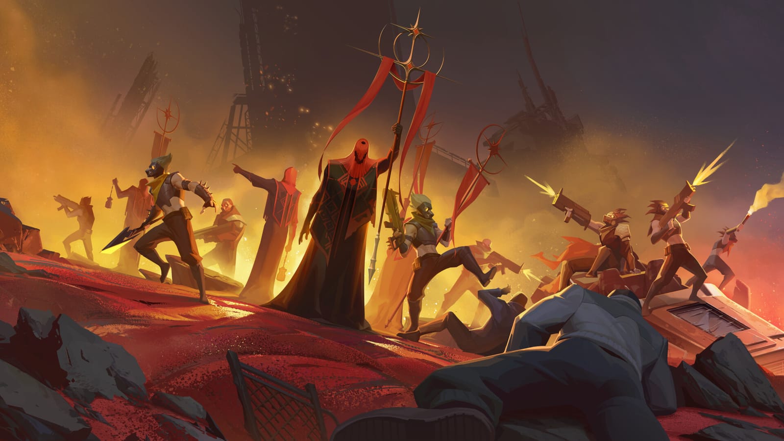 A fiery battle scene with an army facing a towering leader