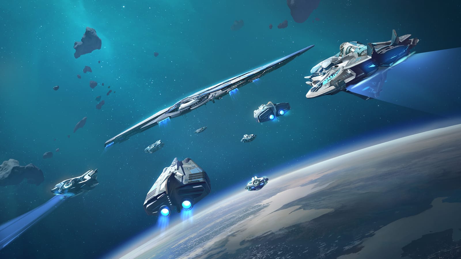 A fleet of white starships flying above a planet in Foundation: Galactic Frontier.