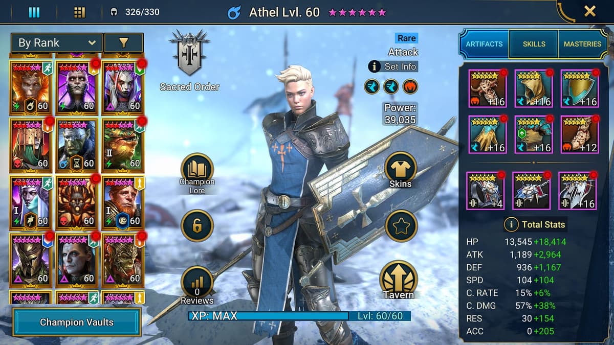 A champion's gear, skills and stats screen