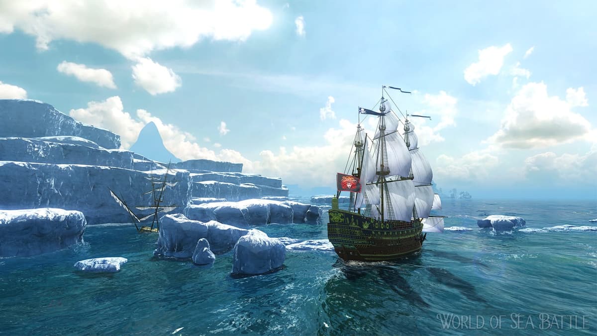 A sailing ship passing icebergs under a blue sky