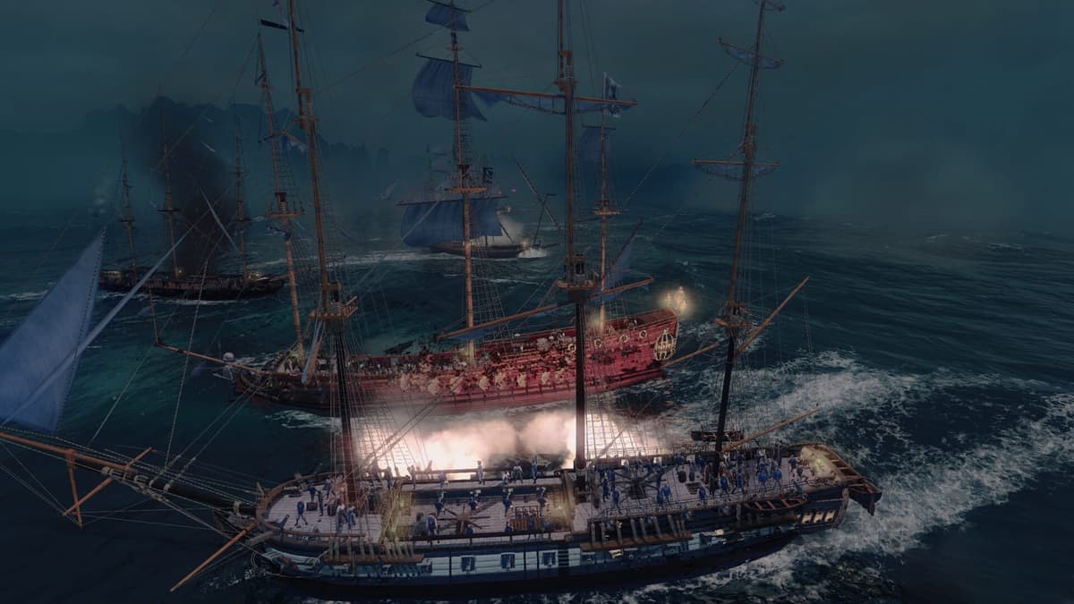 A night battle between two large warships under cannon smoke