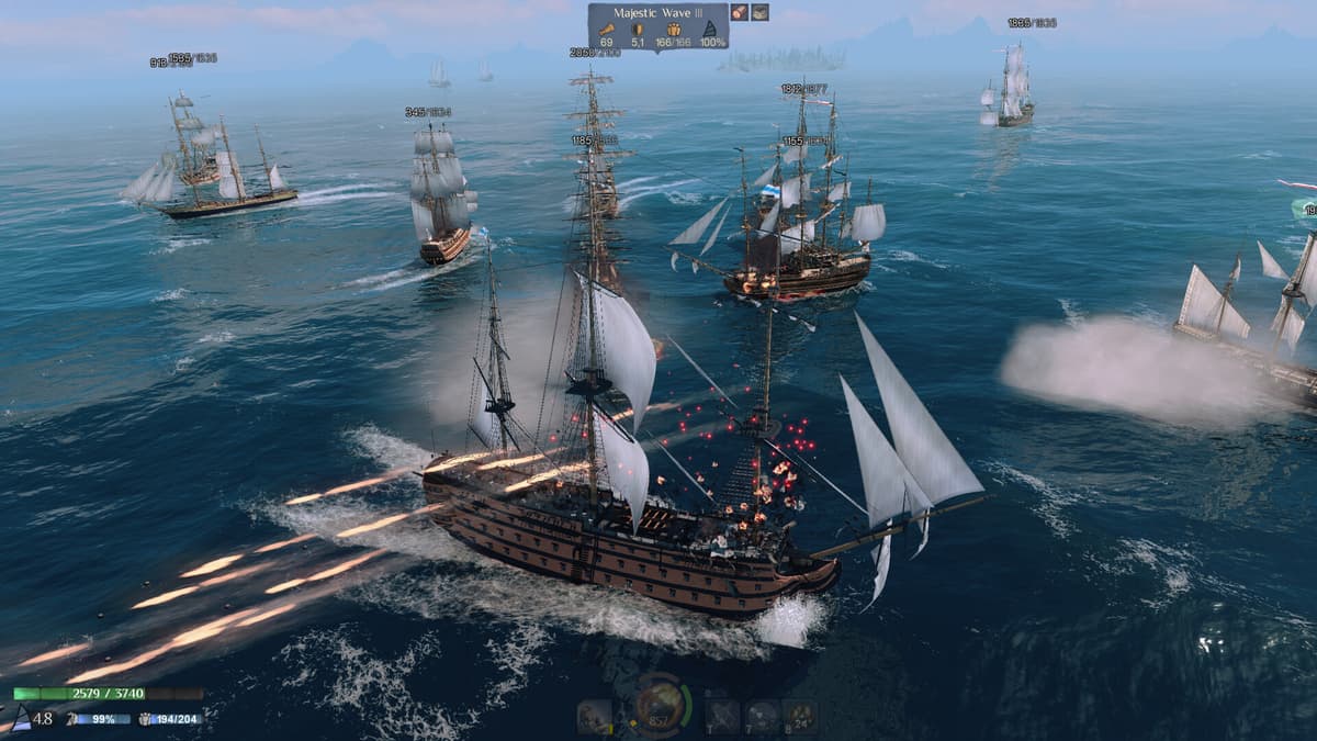 A ship of the line firing a broadside at enemy ships in open water