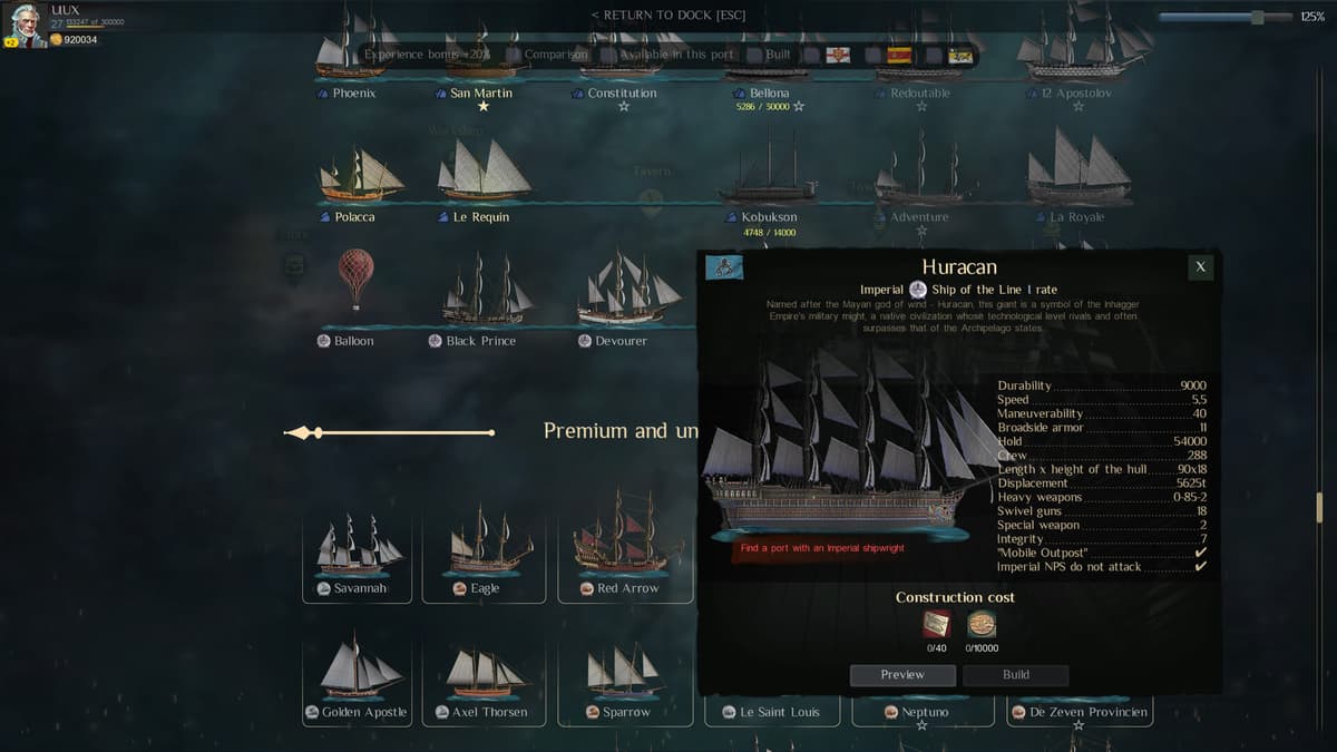 The ship construction screen with a ship-of-the-line's stats