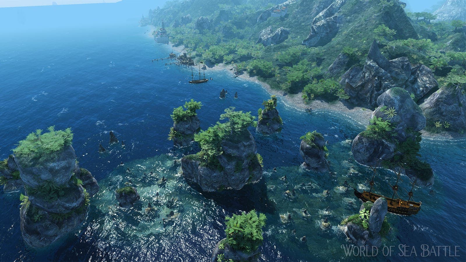 An aerial view of green islands and sailing ships in a turquoise sea in World of Sea Battle.