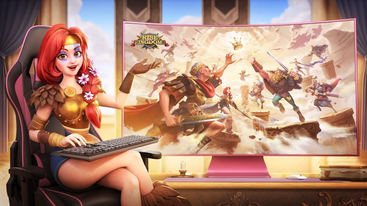Rise of Kingdoms PC launch art: a commander playing the game at a desk with a battle scene on the monitor.