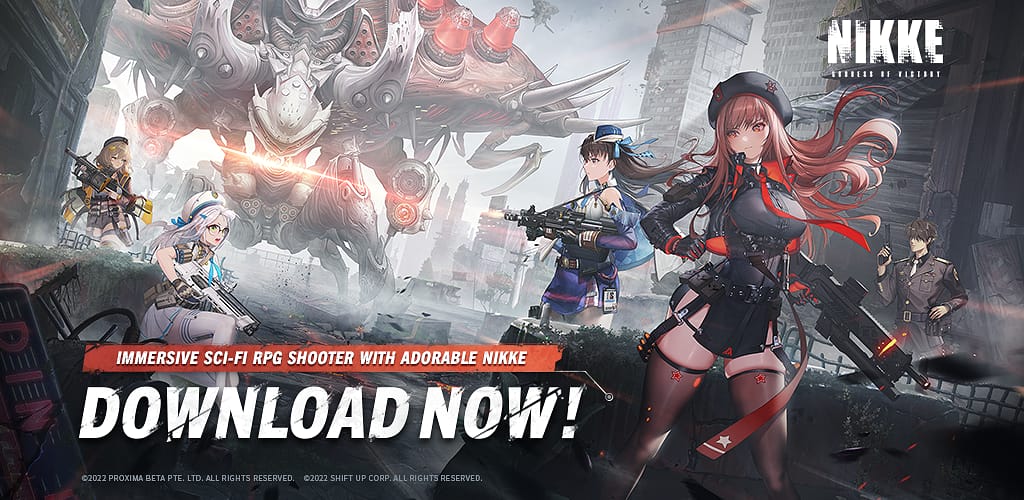 Goddess of Victory: NIKKE key art: a squad of armed android soldiers in front of a giant mechanical enemy.