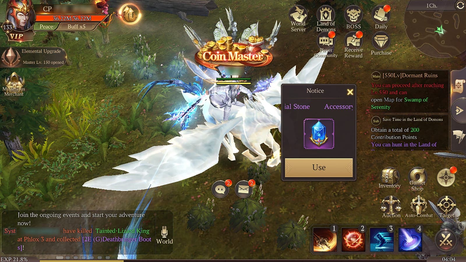 A warrior on a white winged mount surrounded by skill icons in MU: Dark Epoch.