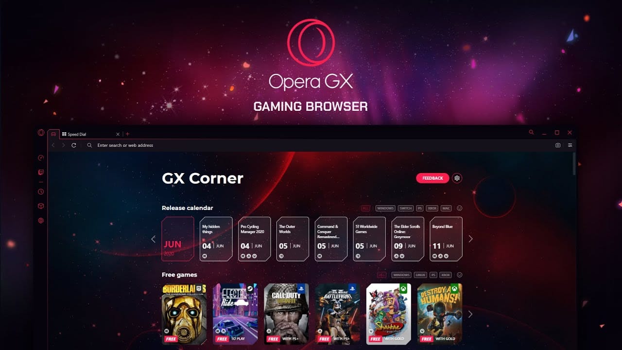 The Opera GX browser showing its GX Corner page with a game release calendar and free games.